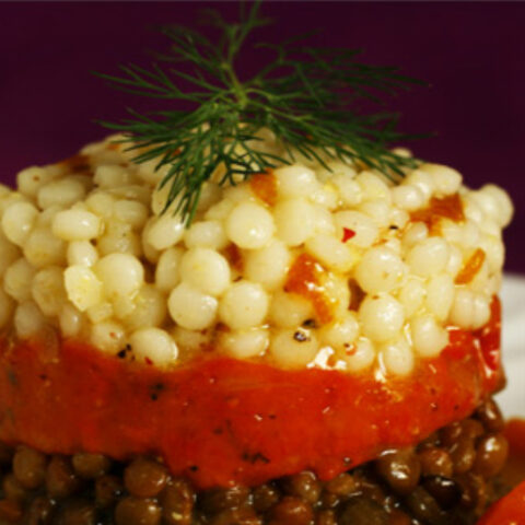 Israeli Couscous and Lentil Salad with Roasted Red Bell Pepper Gelee