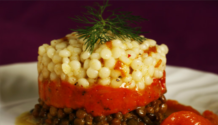 Israeli Couscous and Lentil Salad with Roasted Red Bell Pepper Gelee