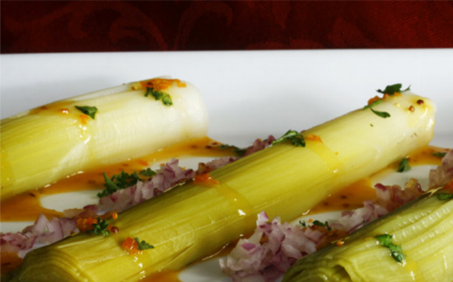 Leeks served with a Kumquat Clementine Vinaigrette