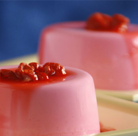 Rose Panna Cotta with Grenadine Syrup and Crunchy French Pralines