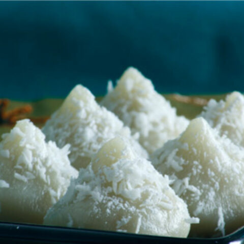 Chocolate filled Sticky Rice Balls with Coconut