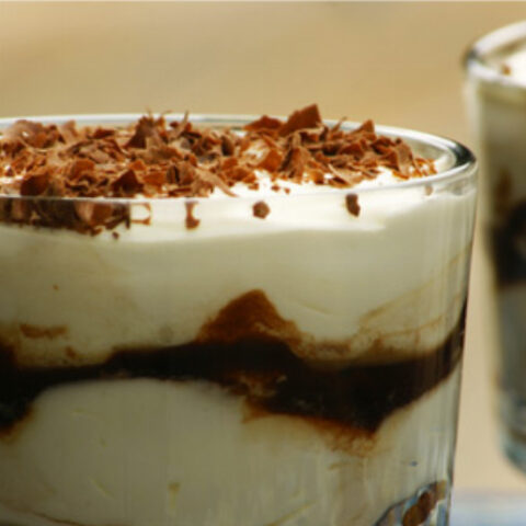 Coffee Tiramisu Parfait with Chocolate Raspberry Sauce