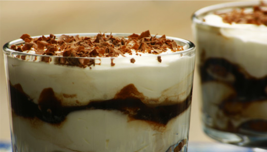 Coffee Tiramisu Parfait with Chocolate Raspberry Sauce