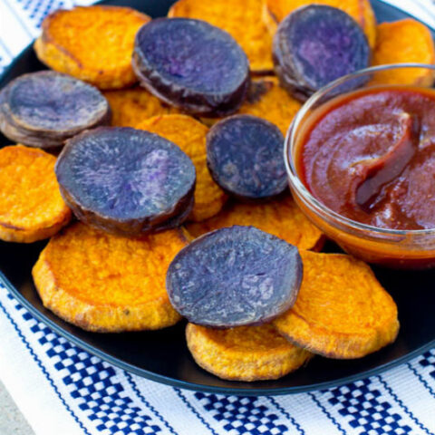 Sweet and Purple Potato Rounds with Spicy Black Pepper Ketchup