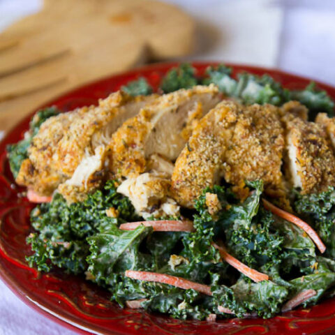 Raw Kale Caesar Salad with Almond Crusted Paleo Chicken