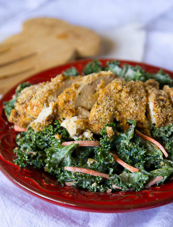 Raw Kale Caesar Salad with Almond Crusted Paleo Chicken