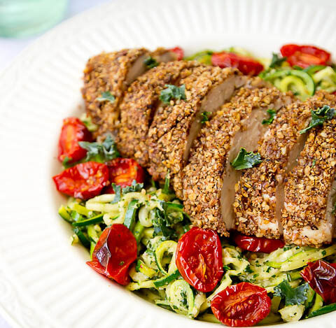 Zucchini Noodles with Kale Pesto, Roasted Tomatoes, and Pecan Crusted Paleo Chicken