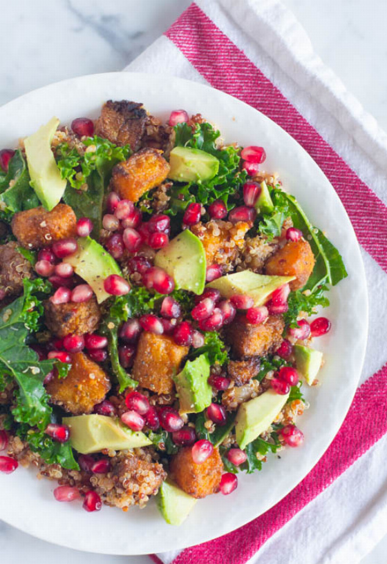 Kale Salad with Butternut Squash, Quinoa, Avocado, Pomegranate and Garlic Sriracha Vinaigrette