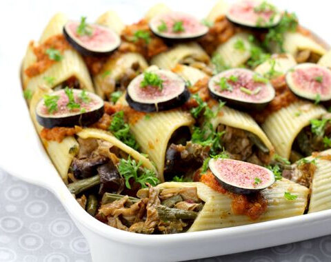 Asparagus Stuffed Pasta with Fig Hazelnut Sauce