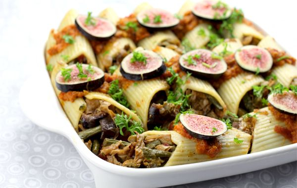 Asparagus Stuffed Pasta with Fig Hazelnut Sauce