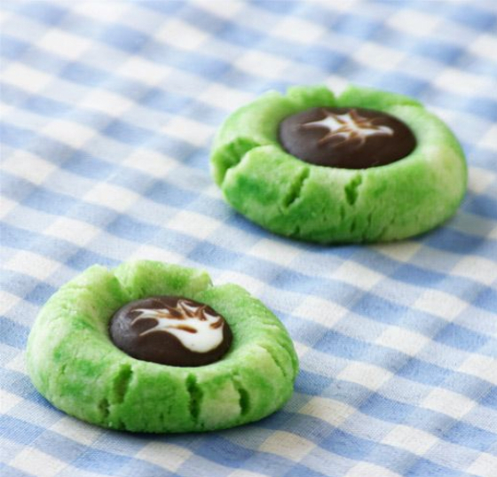 Chocolate Filled Pandan Thumbprint Cookies