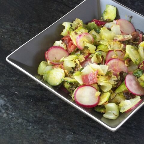 Roasted Brussels Sprouts and other vegetables with Sopressata