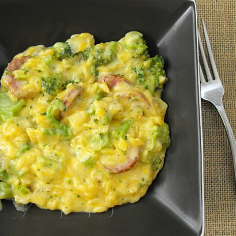 Smoked Sausage Orzo and Cheese Broccoli Skillet