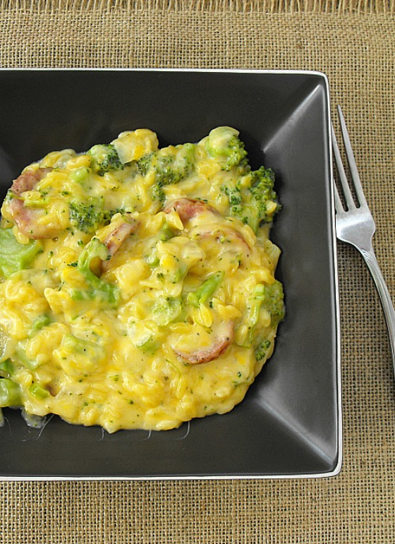 Smoked Sausage Orzo and Cheese Broccoli Skillet