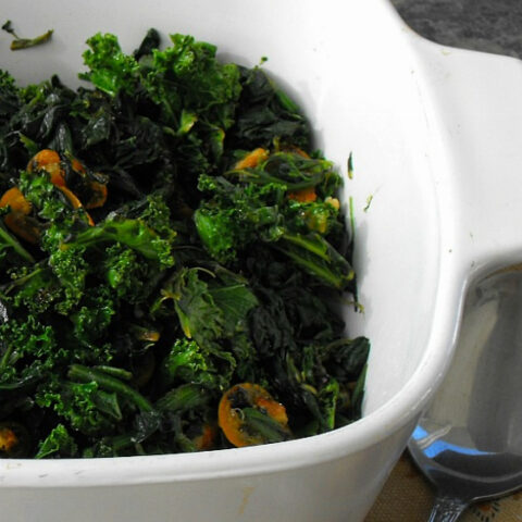 Kale and Spinach with Caramelized Kumquats and Pecans