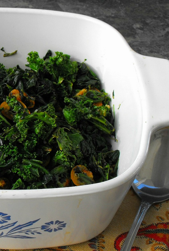 Kale and Spinach with Caramelized Kumquats and Pecans