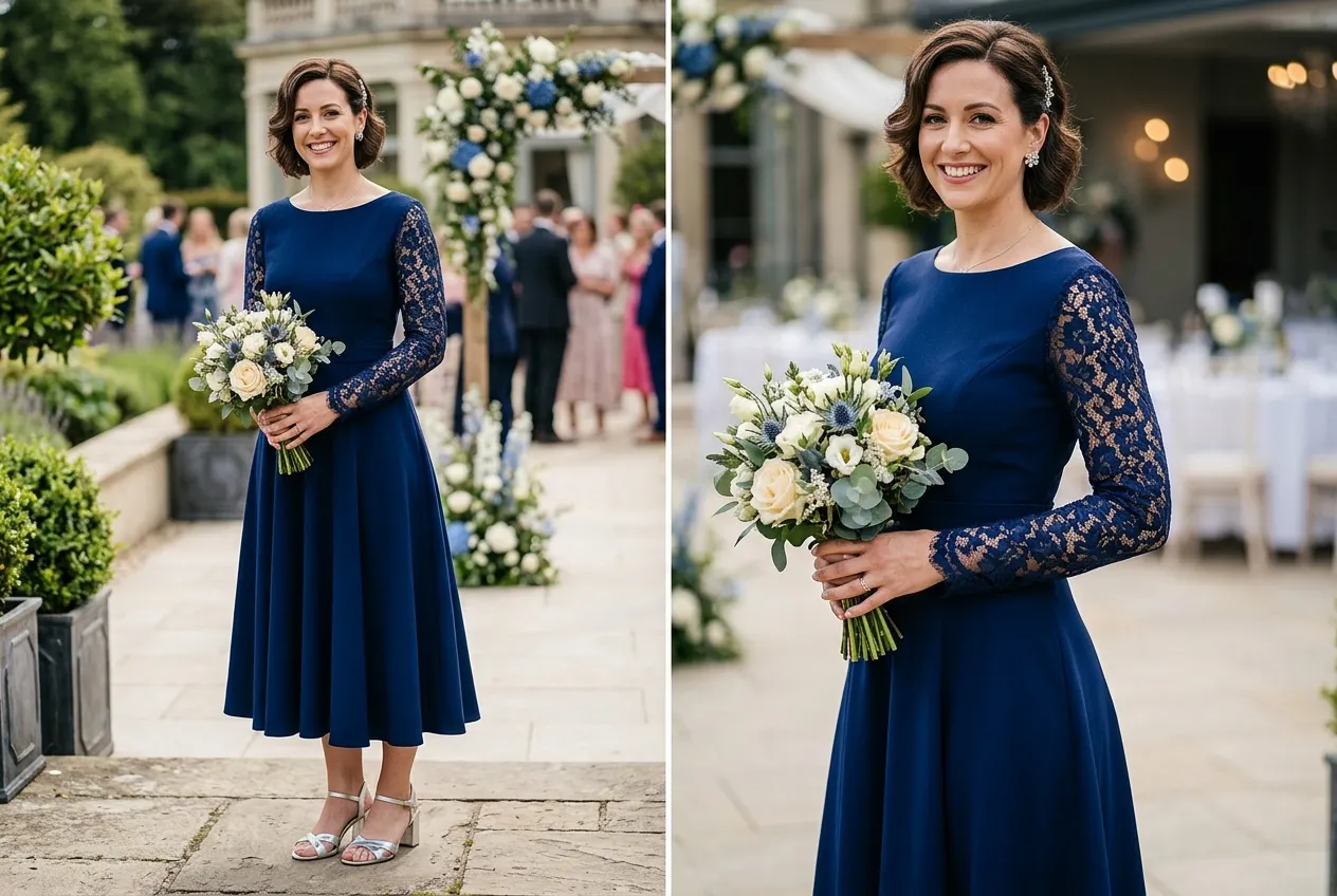 Classic Navy A-Line with Lace Sleeves