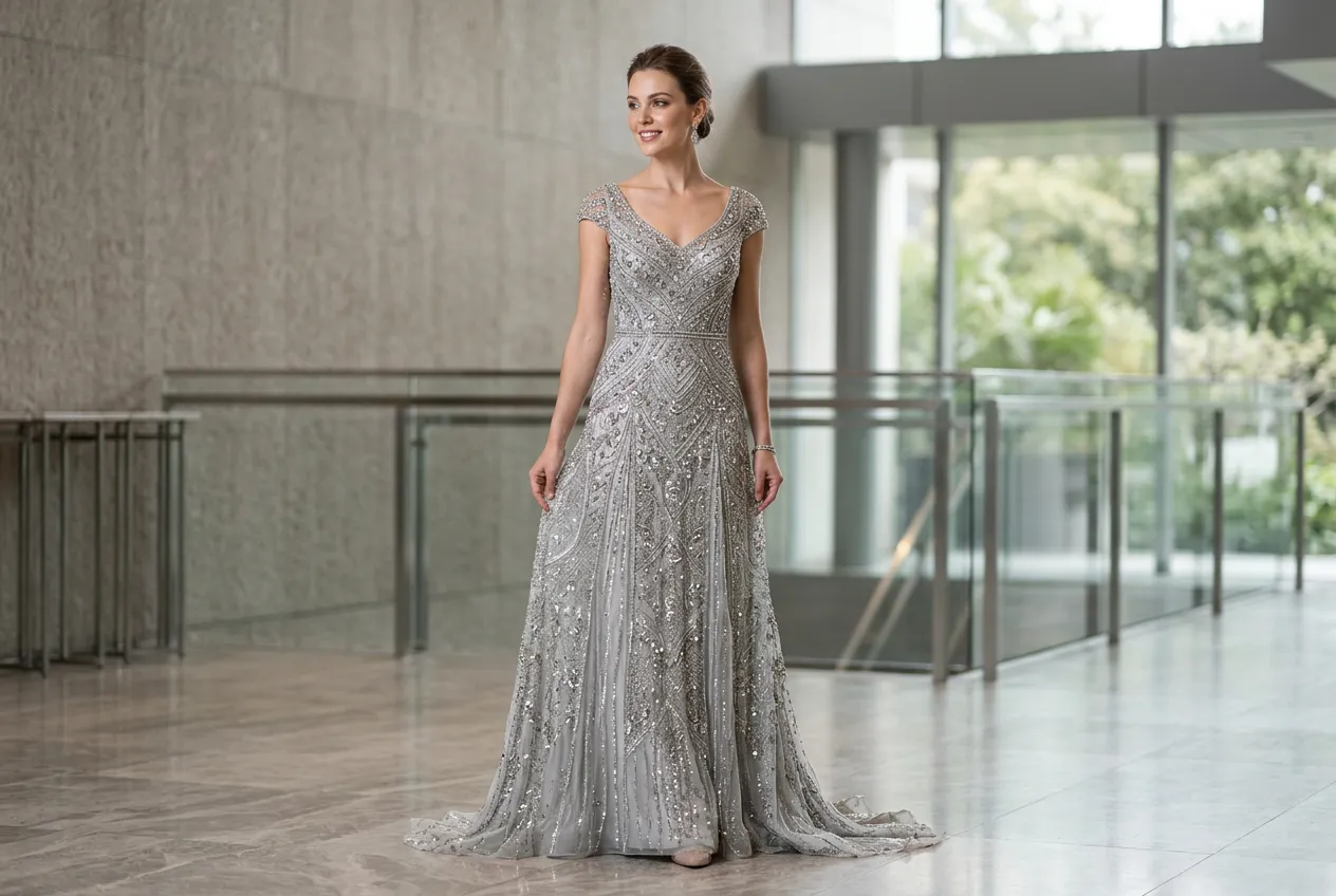Silver Gray Beaded Gown