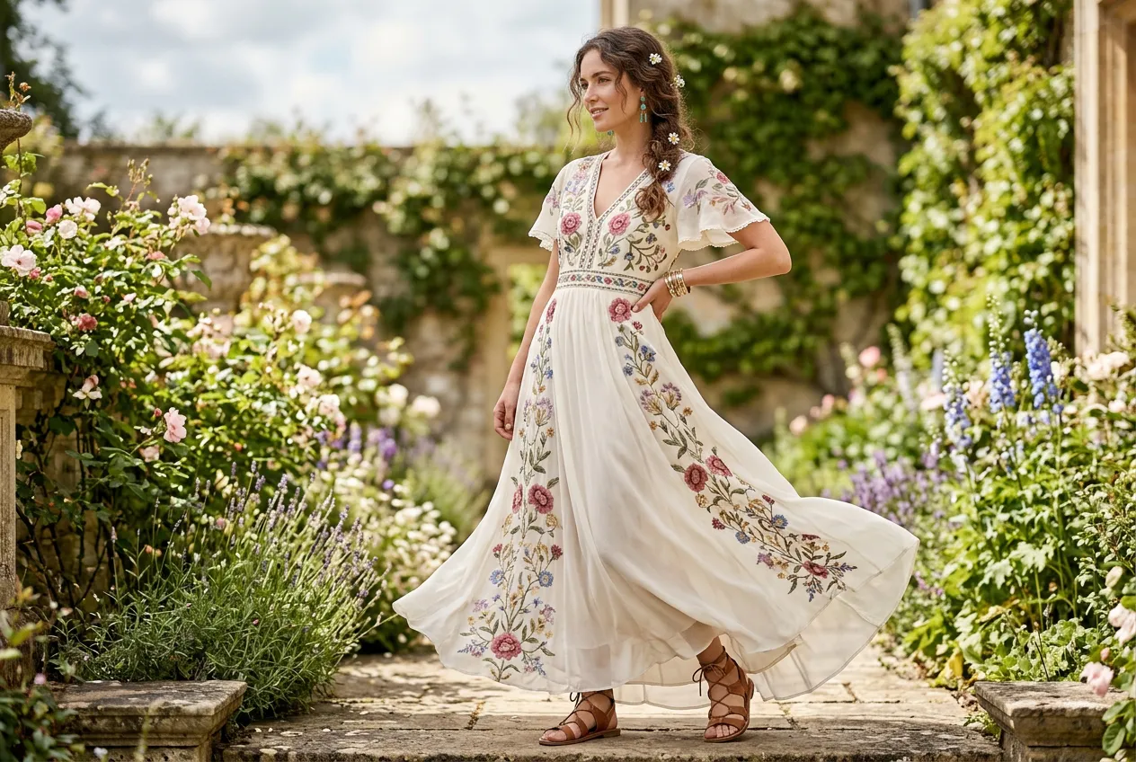 Bohemian Floral Embroidered Dress