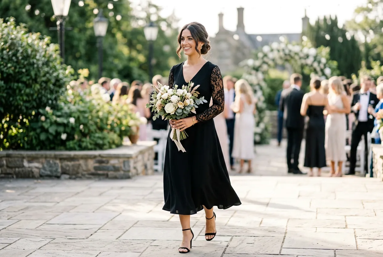 Classic Black Midi with Lace Sleeves