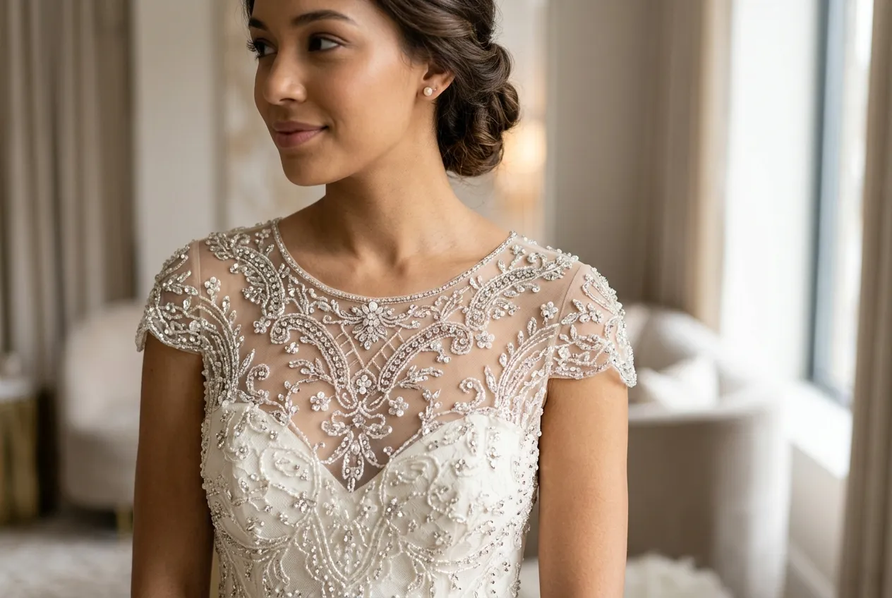Intricate Beaded Illusion Neckline
