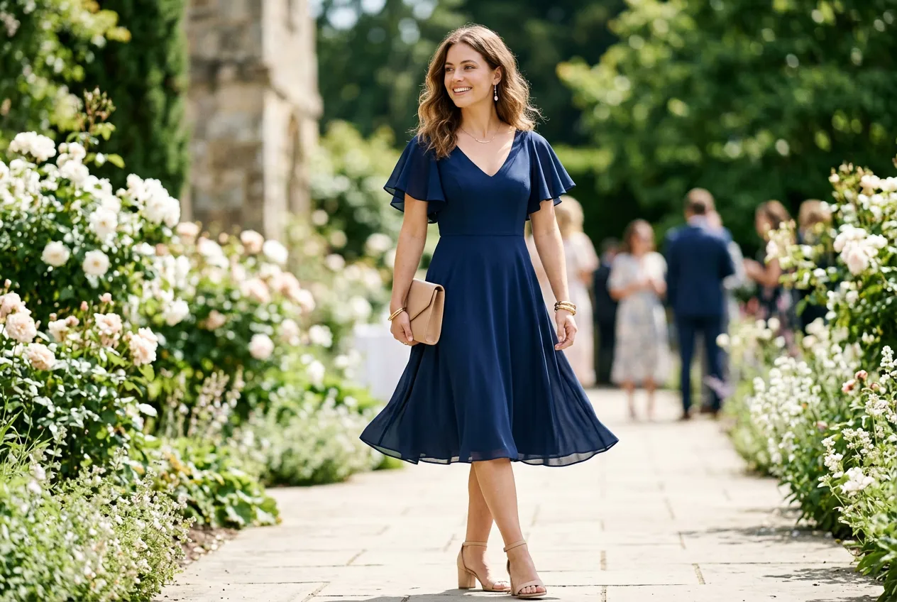 Navy Blue A-Line with Flutter Sleeves