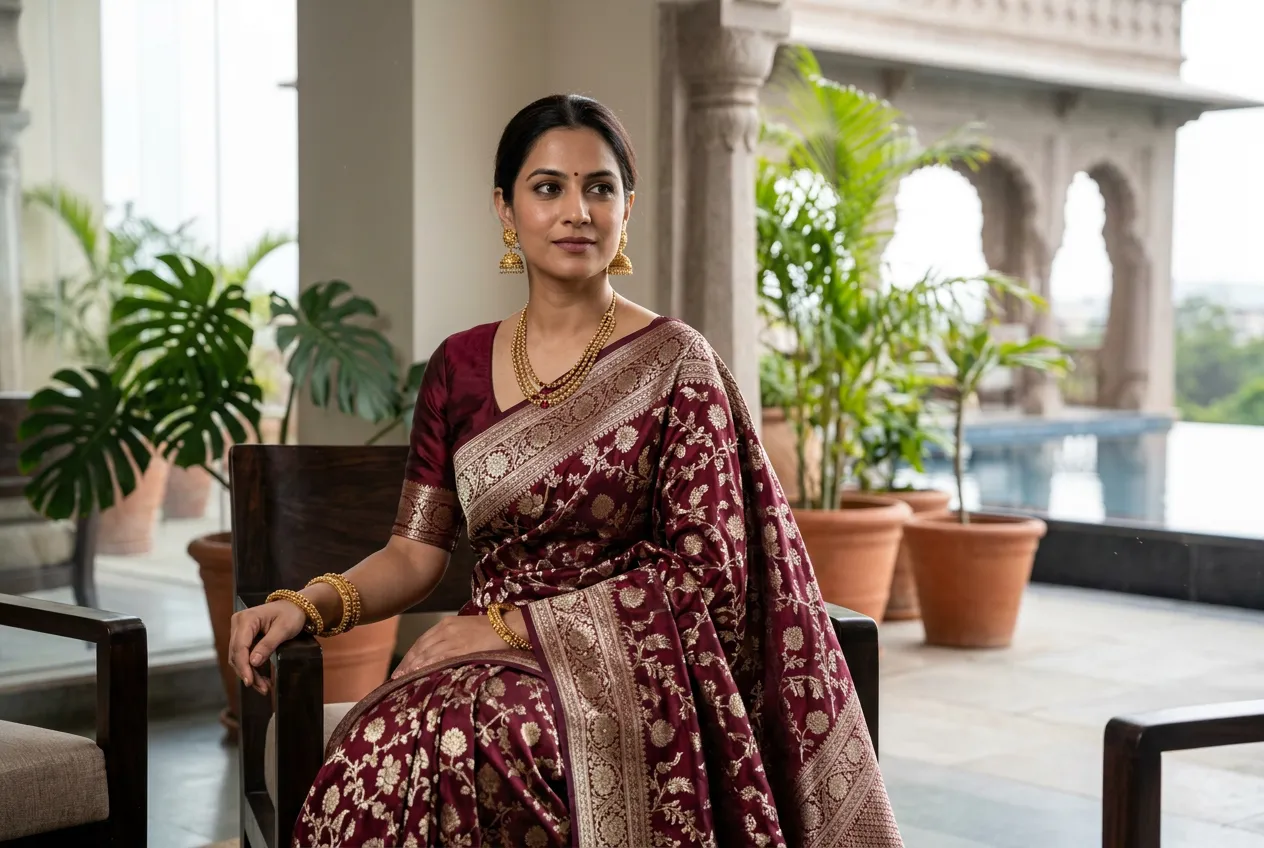 Burgundy Banarasi Saree