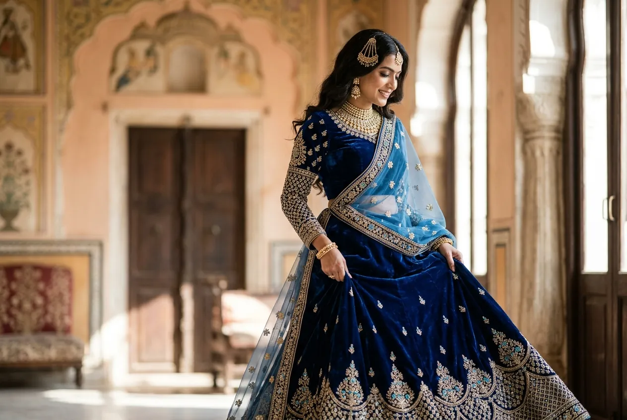Royal Blue Velvet Lehenga