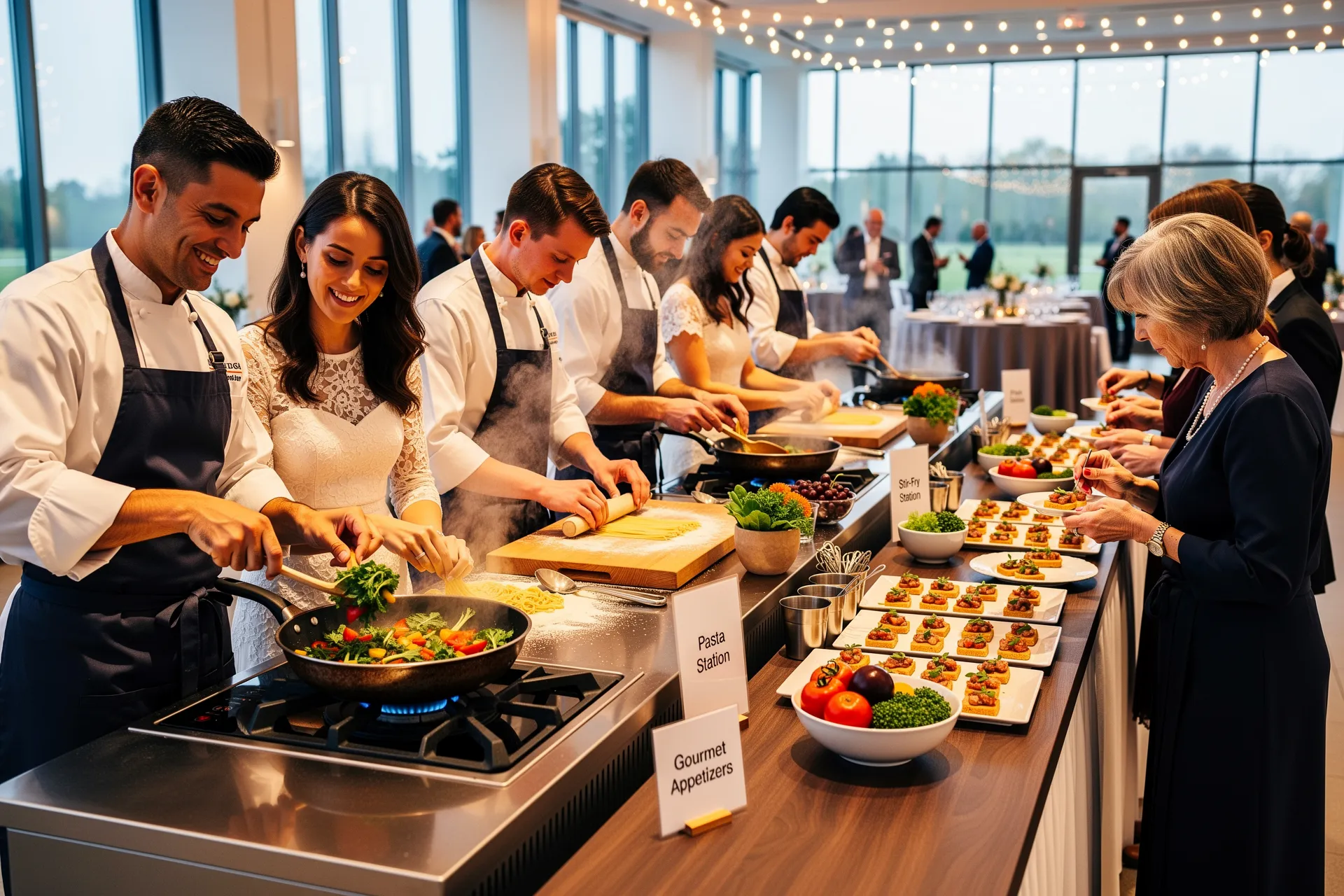 Set up interactive cooking stations for guests