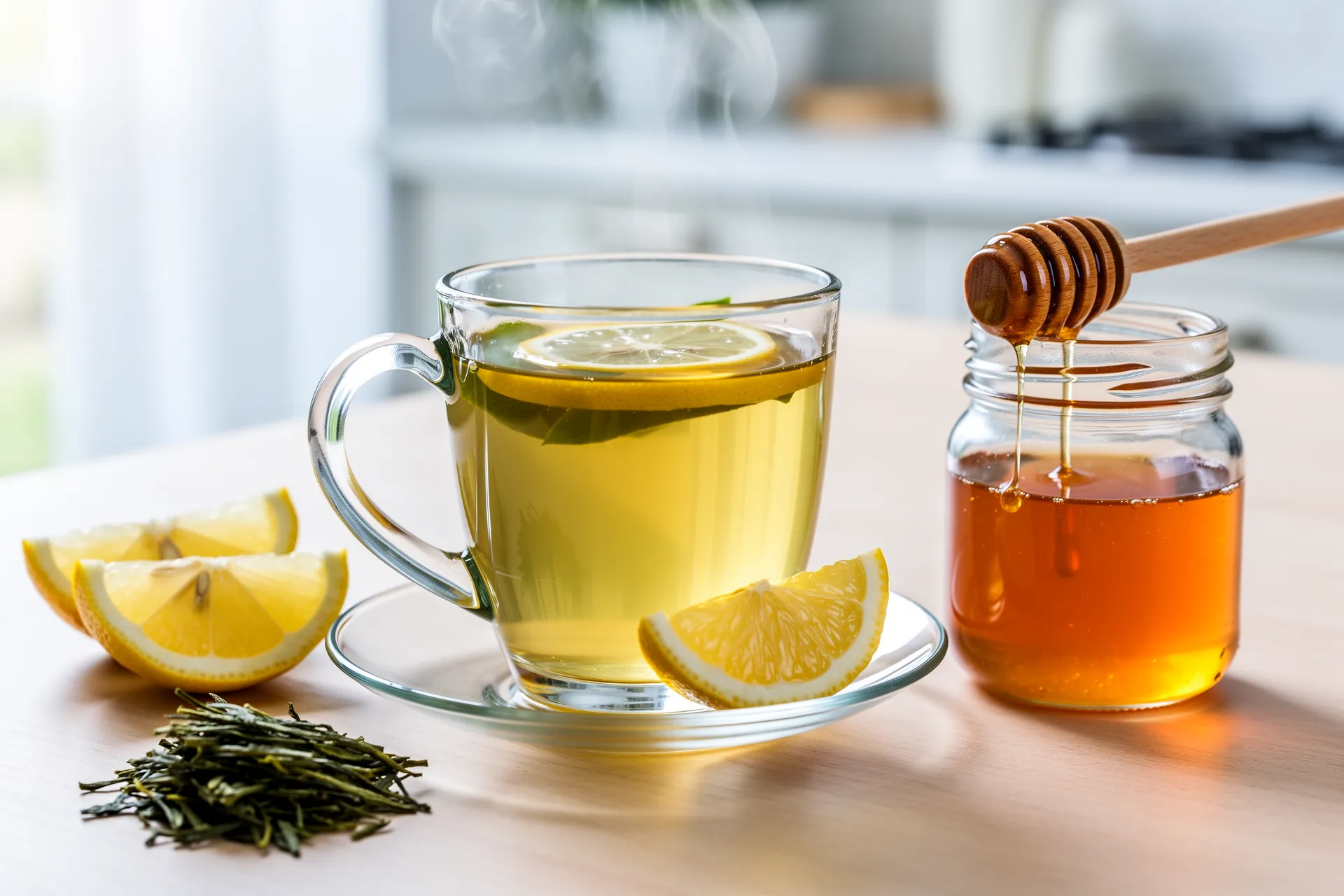 Green tea with honey and lemon slices