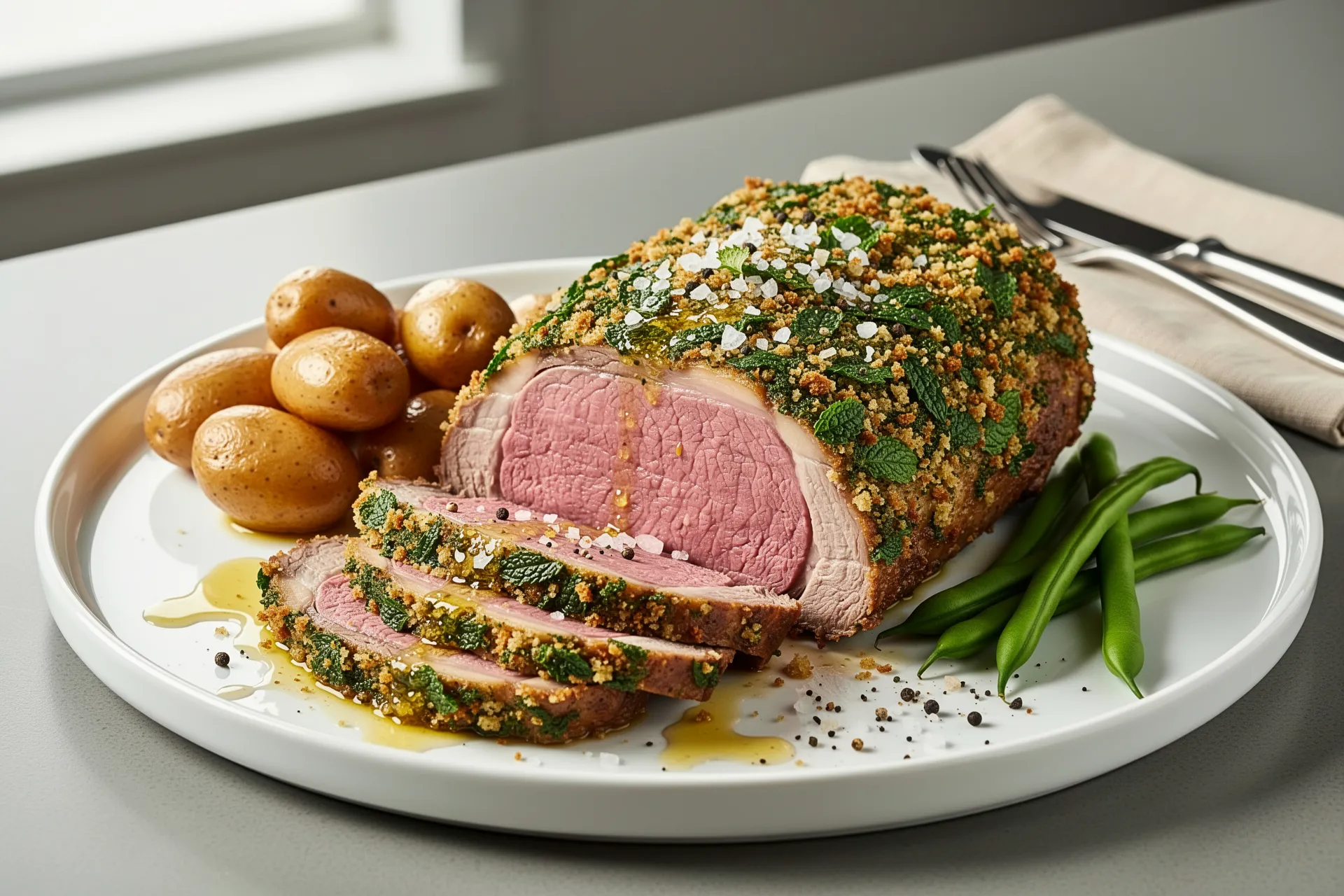 Roast lamb with mint and garlic crust