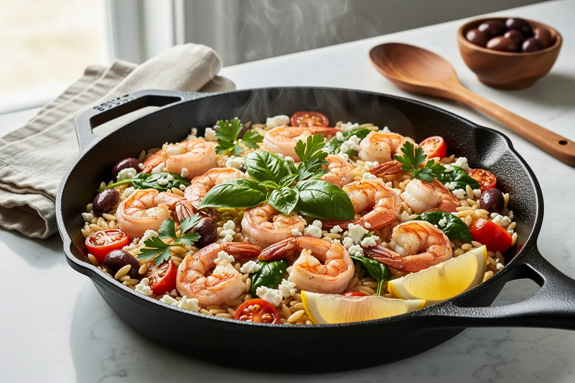 Mediterranean Shrimp and Orzo Skillet